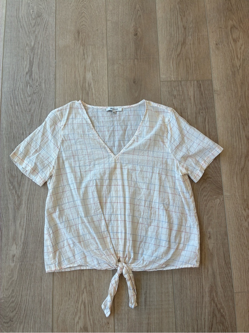 Madewell Light Cream striped Grid V-Neck Women's Top lightweight cotton Med